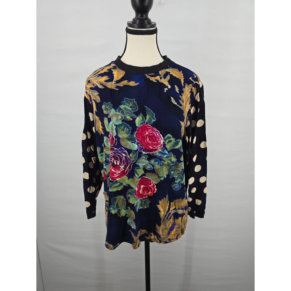 Carole Little Womens Floral Polka Dot Mixed Print Long Sleeve Top Blue Red Large